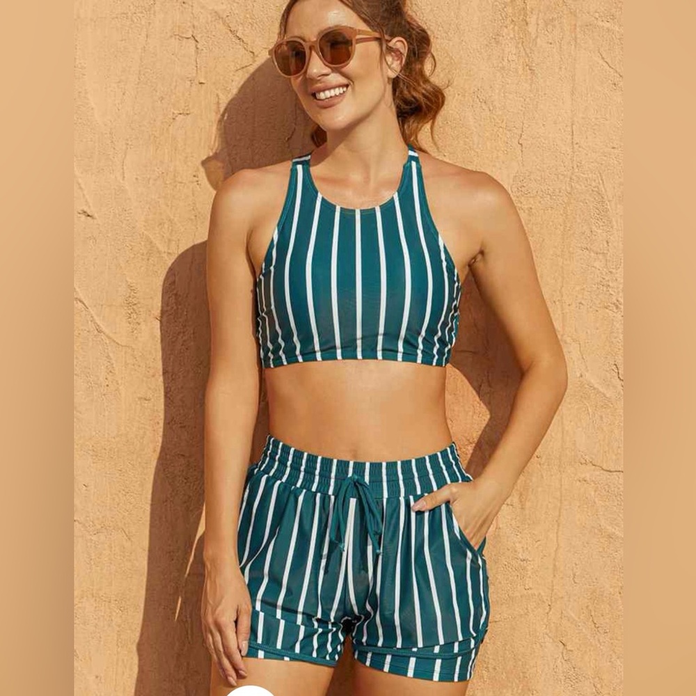 Green Striped Round Neck Sporty Bikini Top With Boy Short Set